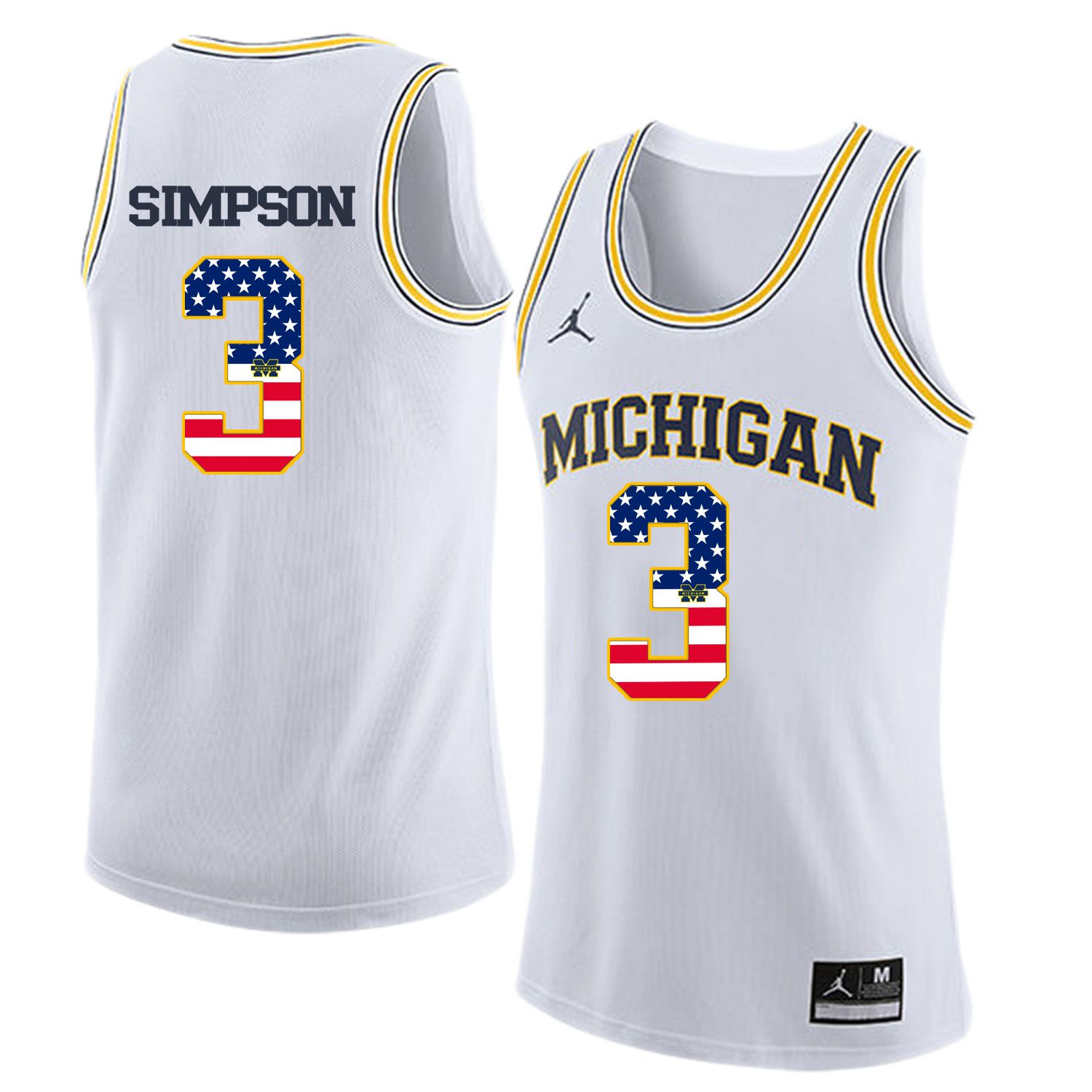 Men Jordan University of Michigan Basketball White #3 Simpson Flag Customized NCAA Jerseys->customized ncaa jersey->Custom Jersey